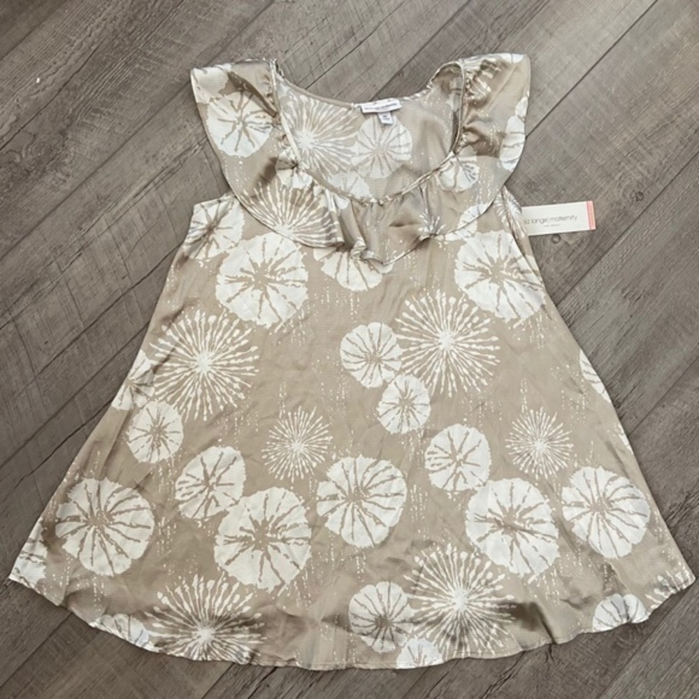 Liz Lange XS Maternity Sleeveless Ruffle Neck Top Taupe And White Soft And Silky